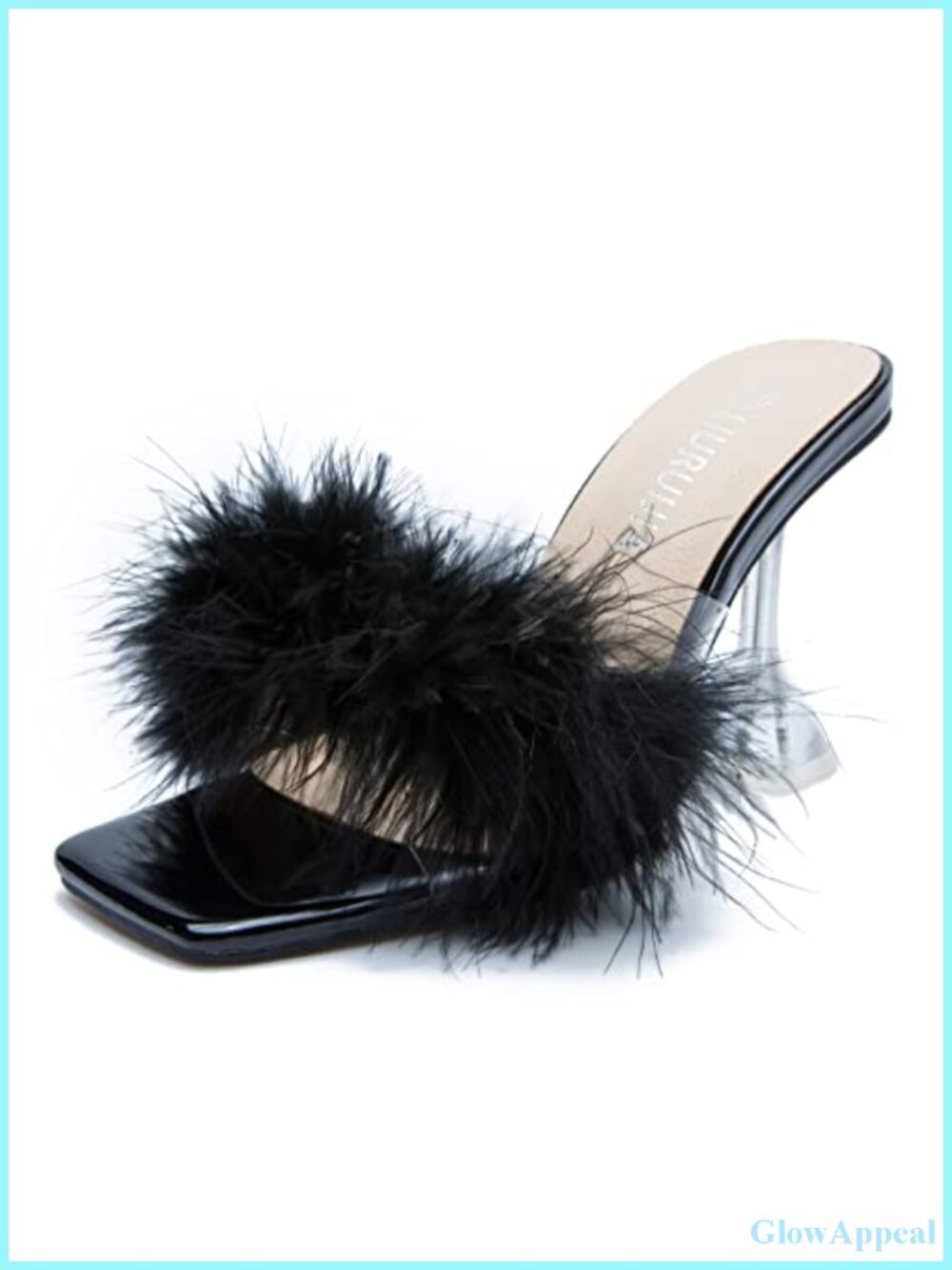 Faux Fur Feather Heeled Mules Slip On Square Toe Clear Heels Women's Party Shoes